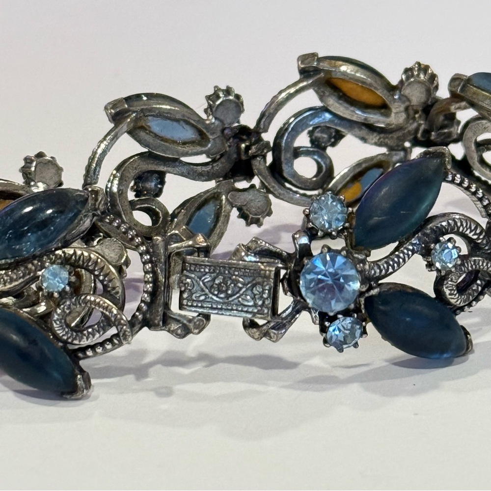 Vintage Florenza Blue Rhinestone Navette Marquise Bracelet Silver Tone Statement - Picture 8 of 16